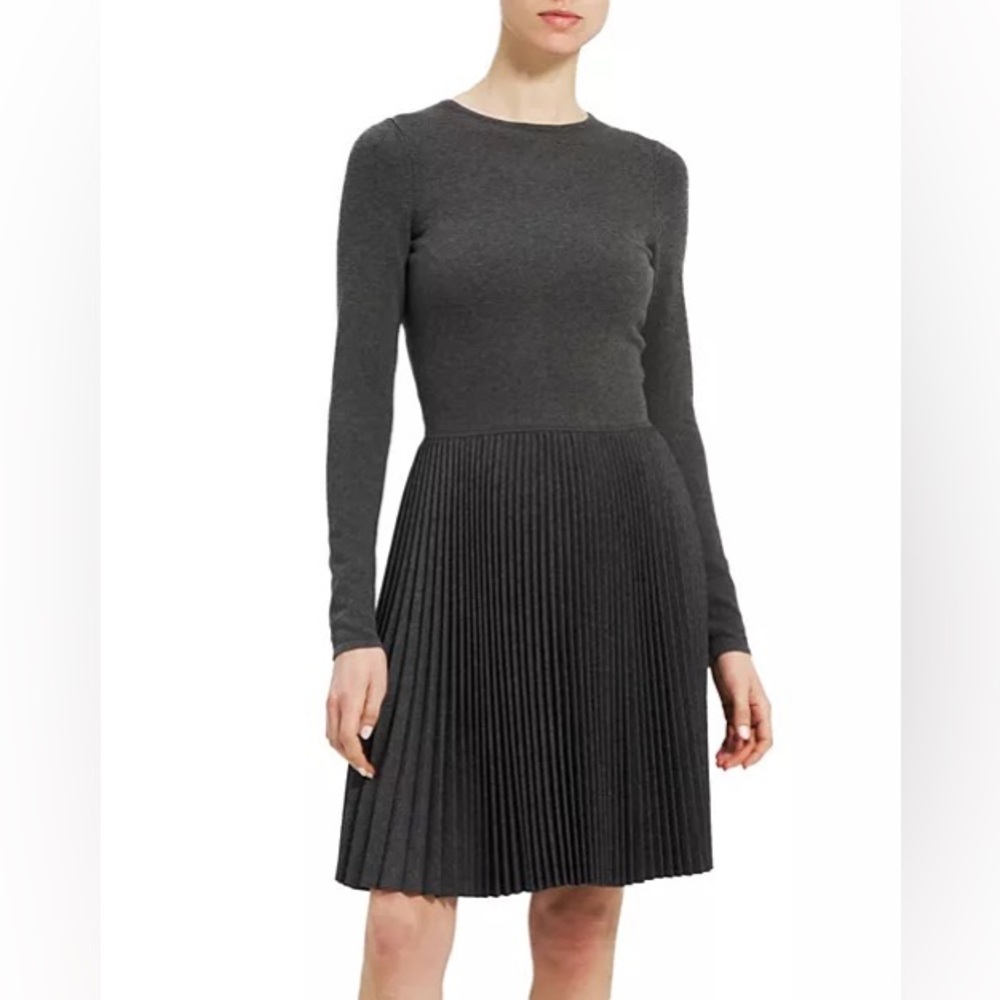 Theory Pleated Flannel Mini Dress size P NWT Wool Cashmere Blend Crew Neck